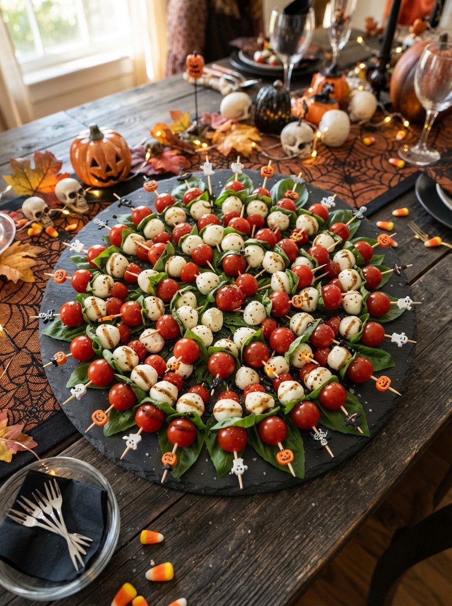 Skewers with mozzarella balls and cherry tomatoes arranged to look like bugs or spiders.